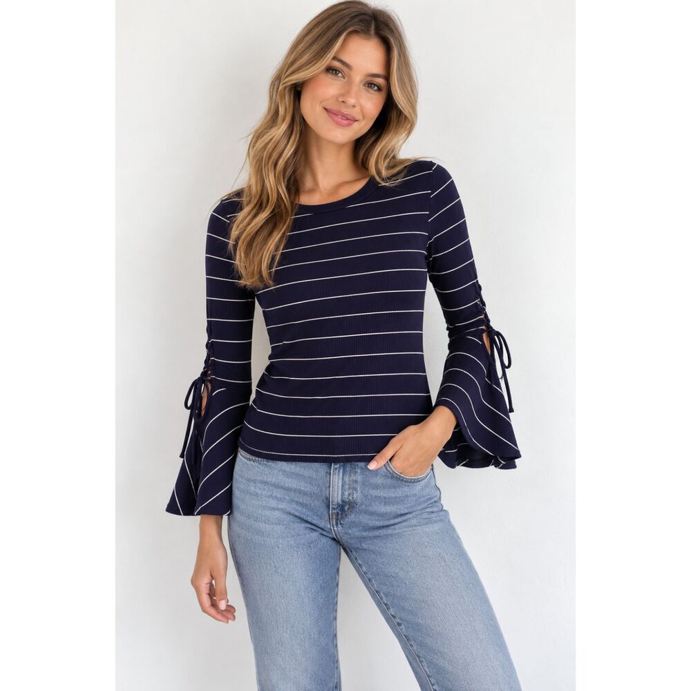 Lulus Found My Mate Blue White Stripes Trumpet Sleeves Small